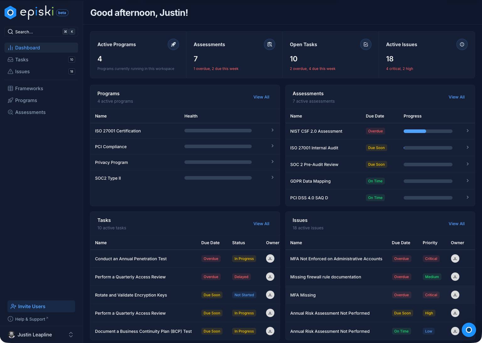 episki dashboard showing security controls, frameworks, and compliance workspace