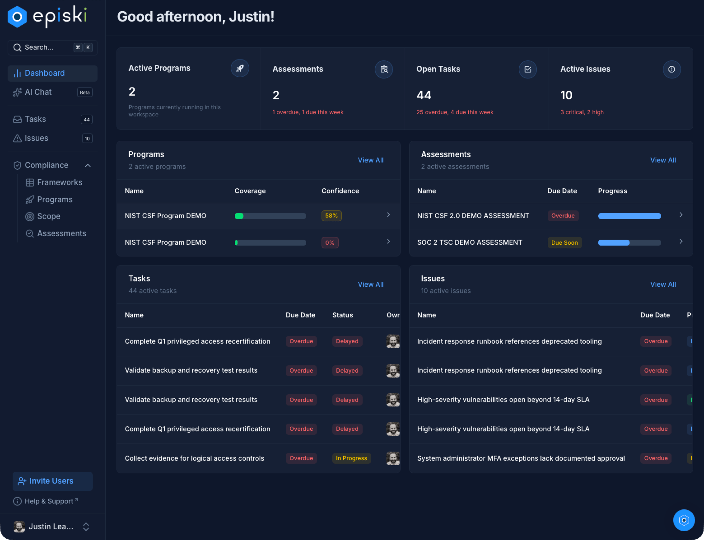 episki dashboard showing security controls, frameworks, and compliance workspace