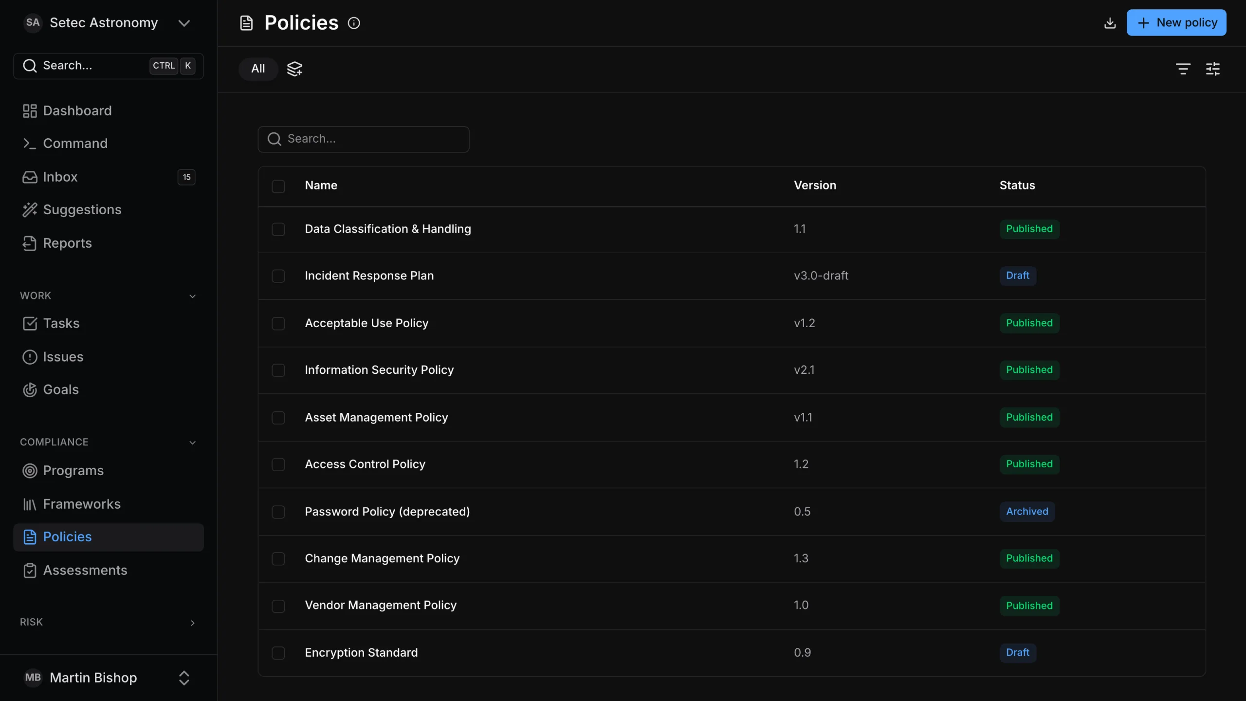 episki policy library listing published, draft and archived policies with versions