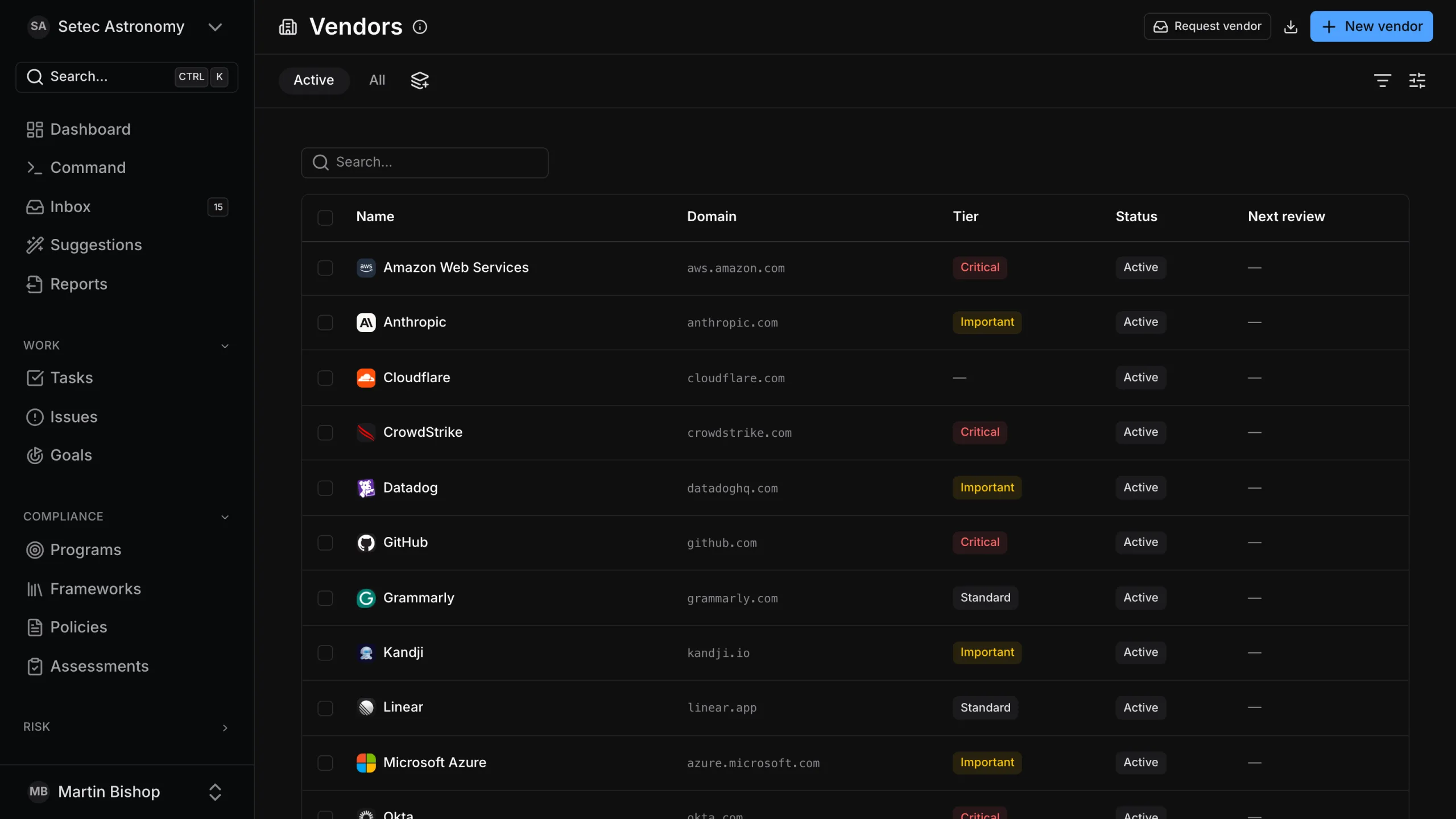 episki vendor inventory with domains, criticality tiers and status
