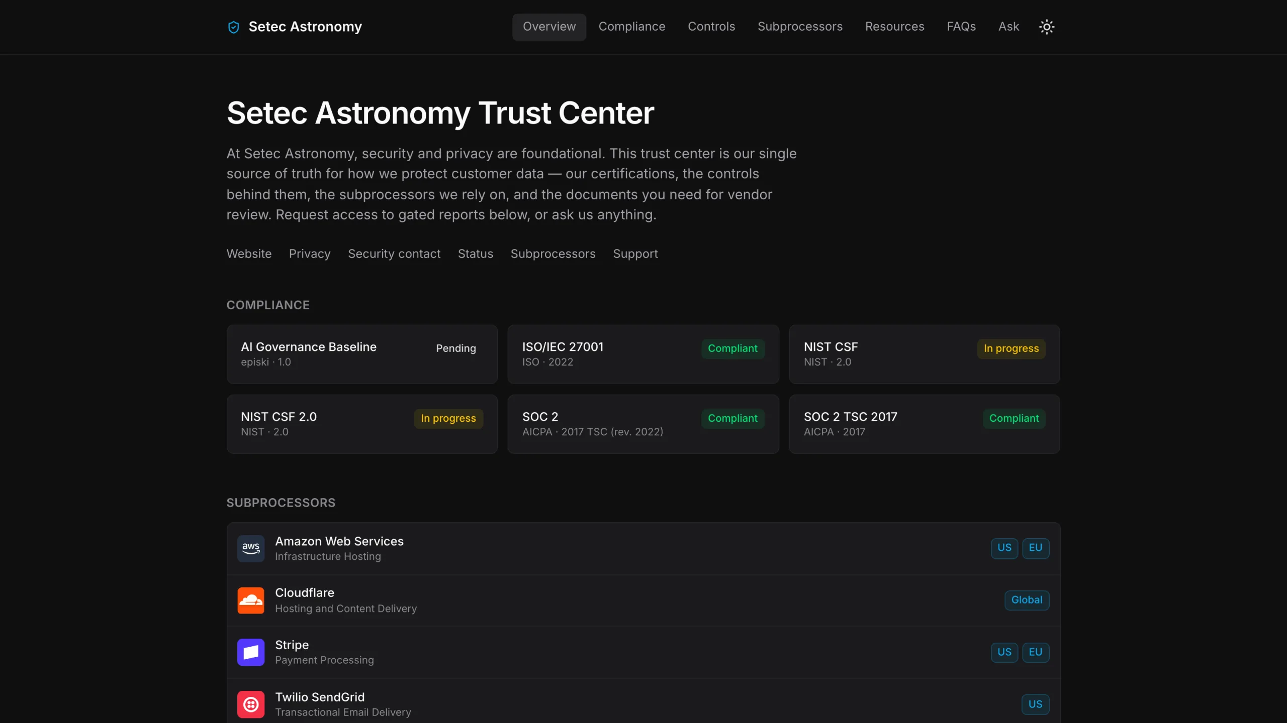 A public trust center built on episki, showing framework status and subprocessors