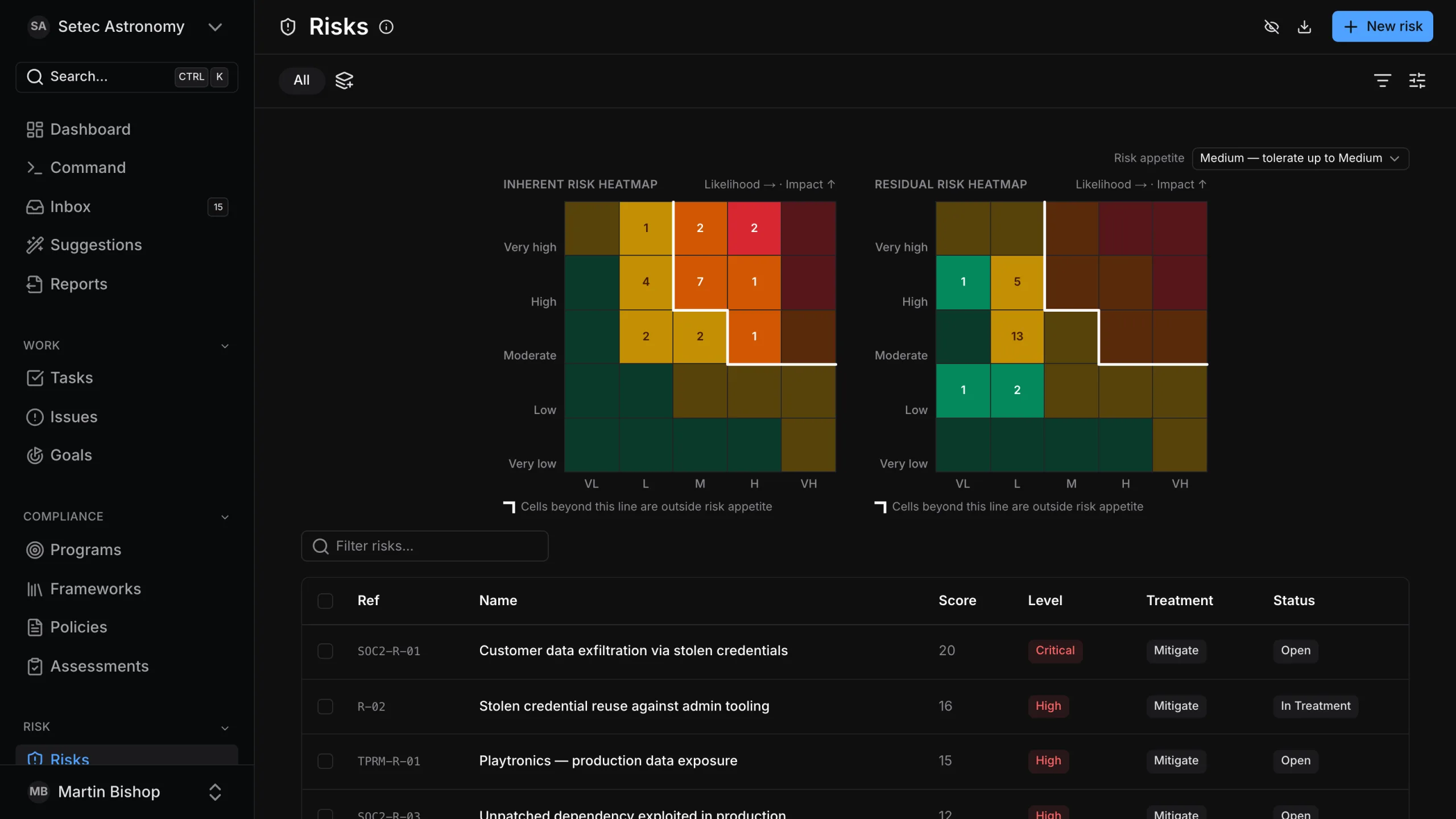 episki risk register with inherent and residual risk heatmaps against risk appetite